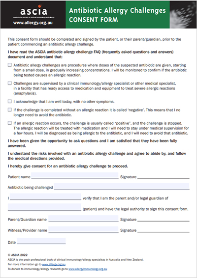 ASCIA Antibiotic Allergy Challenges Consent Form