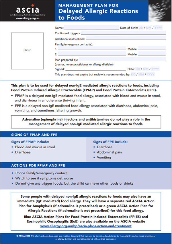 ASCIA Management Plan for Delayed Allergic Reactions to Foods