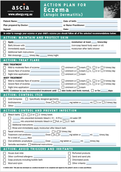 ASCIA Eczema Action Plan - Australasian Society of Clinical Immunology and  Allergy (ASCIA)