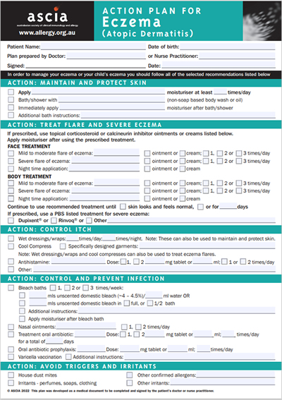 ASCIA Action Plan for Eczema 2022