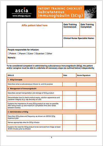 SCIg patient training checklist