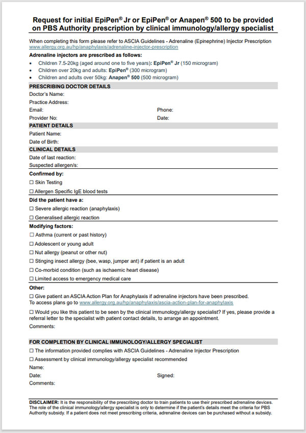 ASCIA adrenalie device authority request