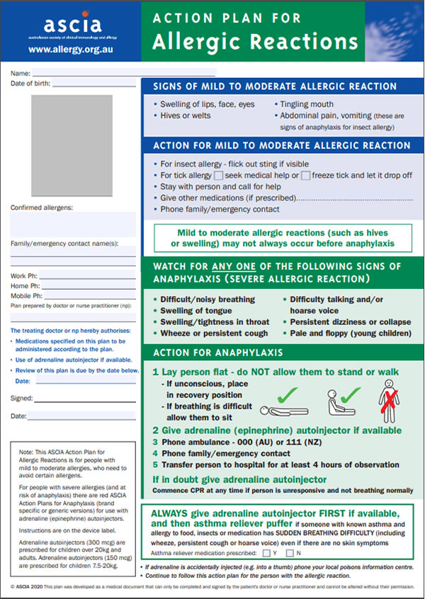 ASCIA Action Plan: Anaphylaxis - Australasian Society of Clinical  Immunology and Allergy (ASCIA)