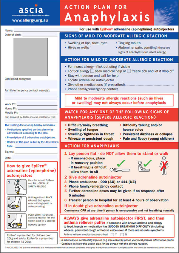 ASCIA Action Plan: Anaphylaxis - Australasian Society of Clinical  Immunology and Allergy (ASCIA)