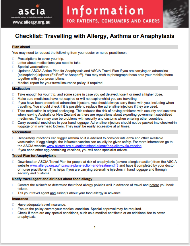 ASCIA Checklist Travelling with allergy asthma or anaphylaxis 2020