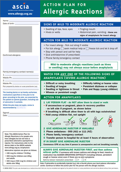 ASCIA Action Plan Allergic Reactions Green 2021