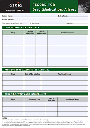 ASCIA Drug Allergy Record 2021