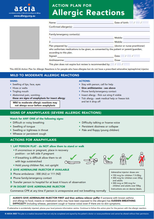 ASCIA Action Plan Allergic Reactions Green 2023