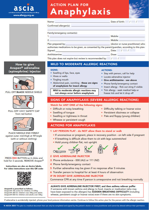ASCIA Action Plan for Anaphylaxis (RED) Anapen® 2023