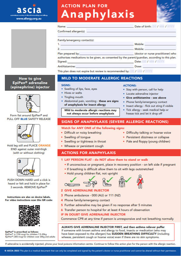 ASCIA Action Plan Anaphylaxis Red EpiPen 2023