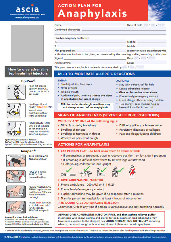 ASCIA Action Plan Anaphylaxis Red General 2023