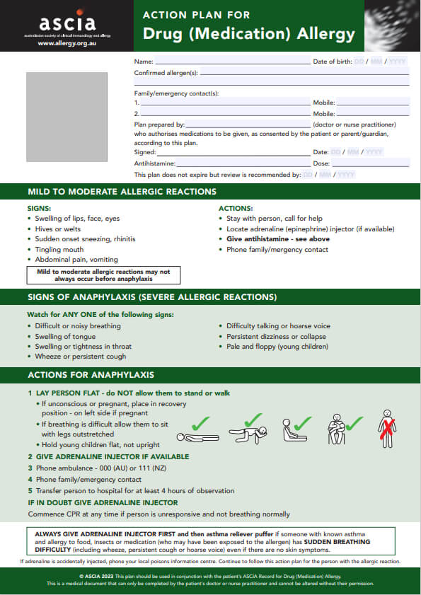 ASCIA Action Plan Drug Allergy Green 2023