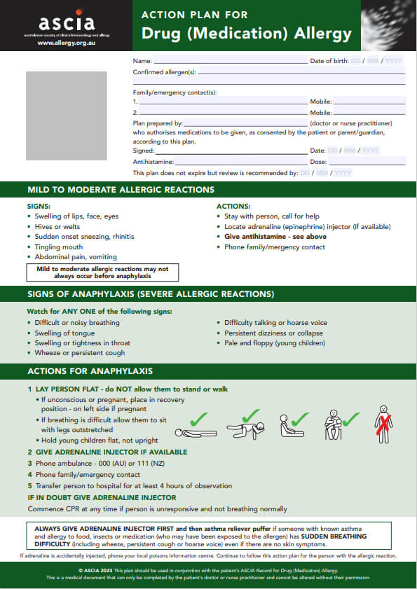 ASCIA Action Plan Drug Allergy Green 2023