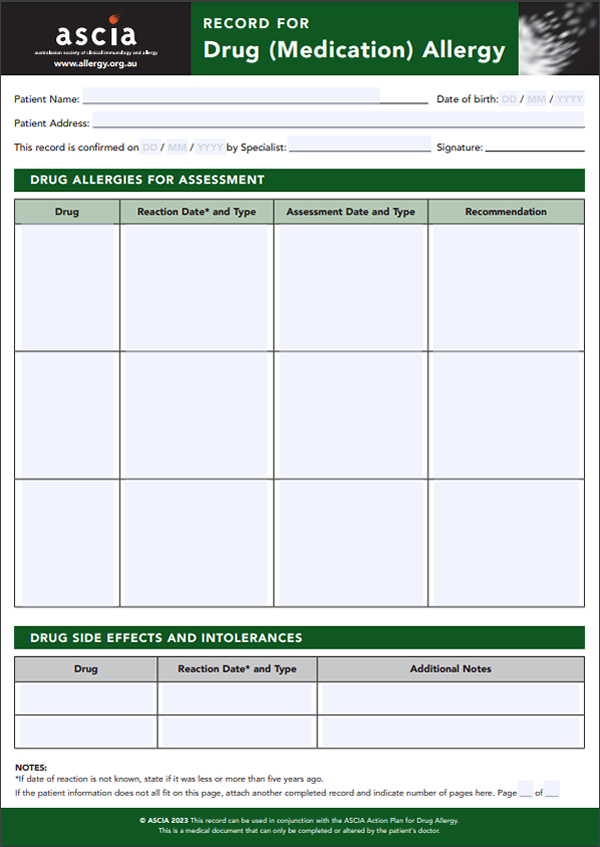 ASCIA Drug Allergy Action Plan 2023