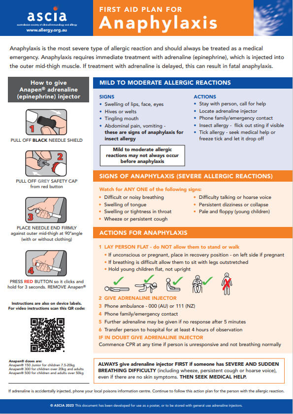 ASCIA First Aid Plan Anaphylaxis Anapen 2023