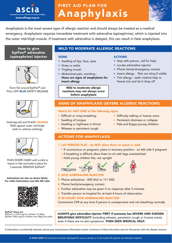 ASCIA First Aid Plan Anaphylaxis EpiPen 2023