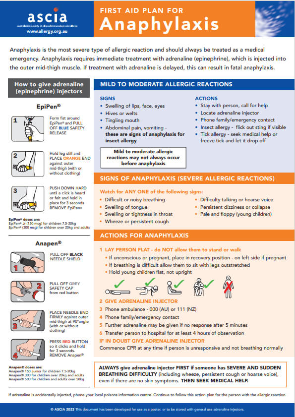 ASCIA First Aid Plan Anaphylaxis General 2023