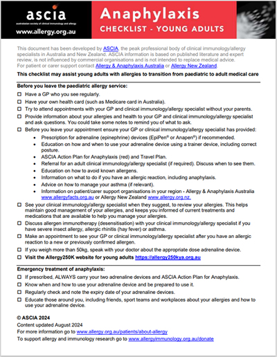 ASCIA PC Checklist Anaphylaxis Young Adults 2024