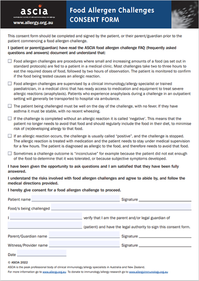 ASCIA Food Allergen Challenges Consent Form